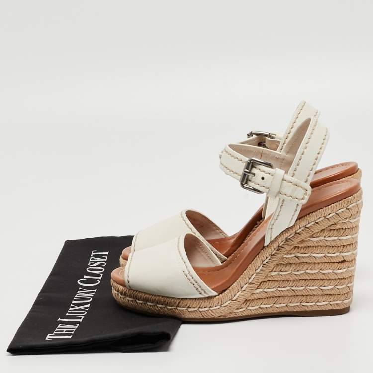 Pre Owned Prada White Leather Espadrille Wedge Ankle Strap Sandals Size 38