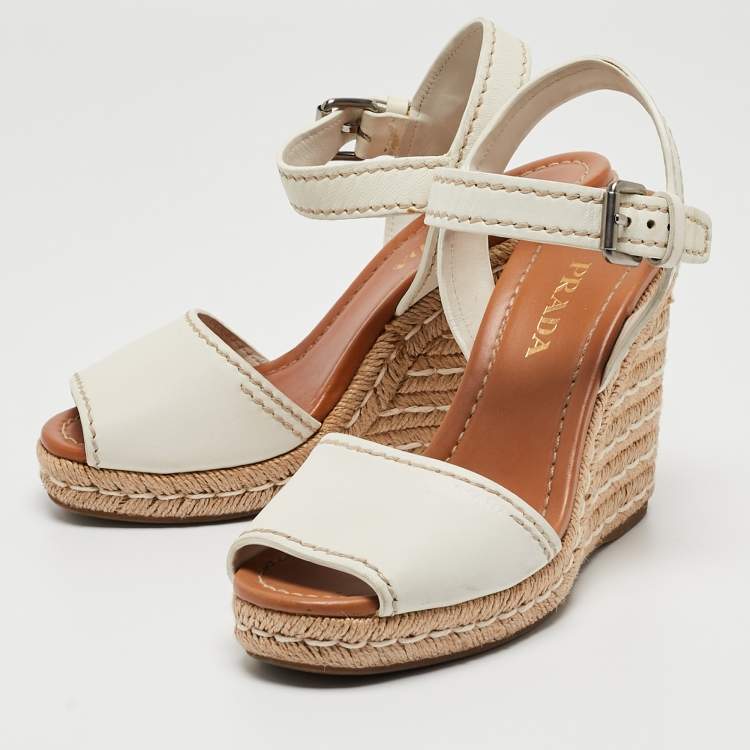 Pre Owned Prada White Leather Espadrille Wedge Ankle Strap Sandals Size 38