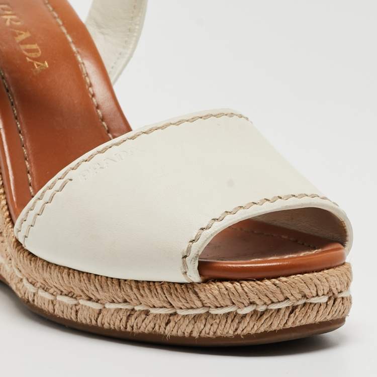 Pre Owned Prada White Leather Espadrille Wedge Ankle Strap Sandals Size 38