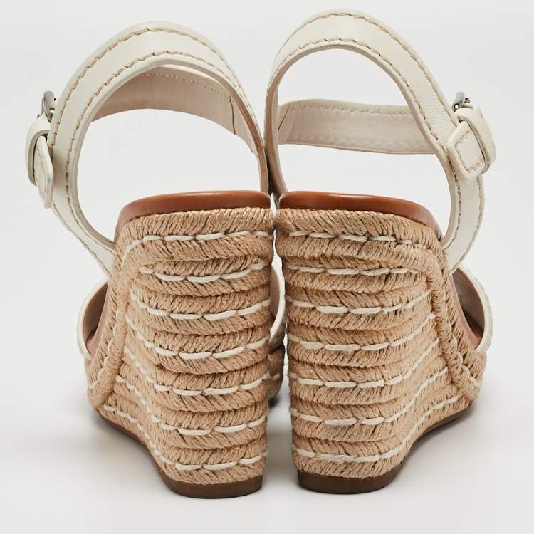 Pre Owned Prada White Leather Espadrille Wedge Ankle Strap Sandals Size 38