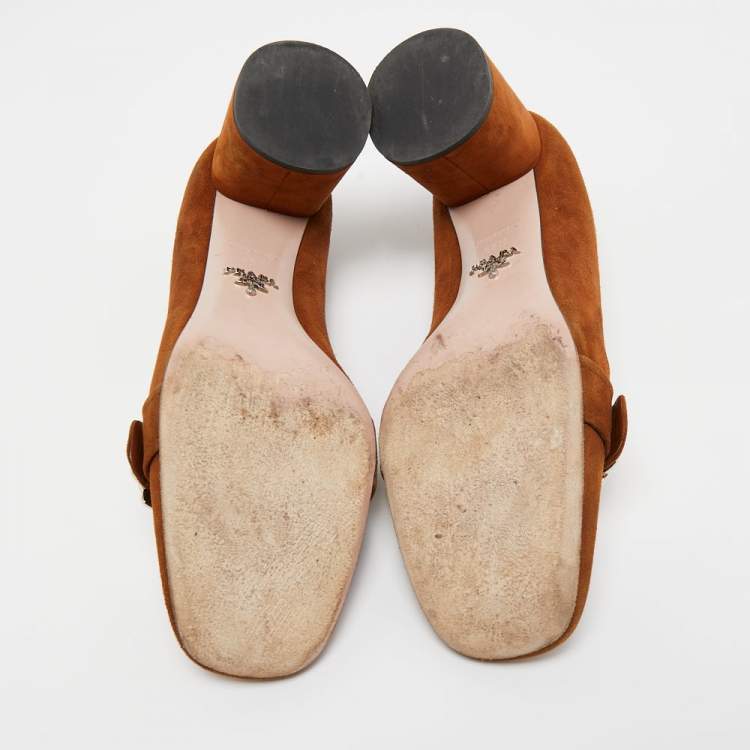 Pre Owned Prada Brown Suede Flower Loafer Pumps Size 38.5