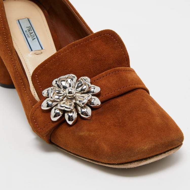 Pre Owned Prada Brown Suede Flower Loafer Pumps Size 38.5