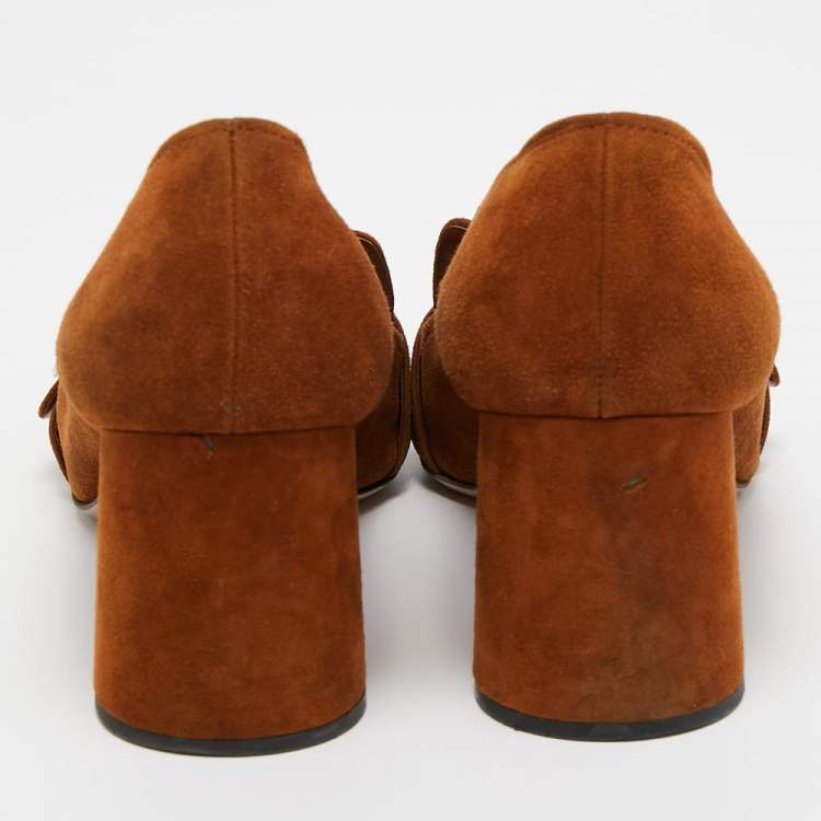 Pre Owned Prada Brown Suede Flower Loafer Pumps Size 38.5