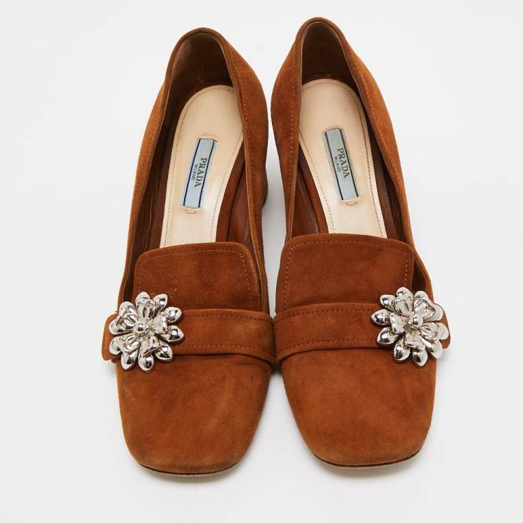 Pre Owned Prada Brown Suede Flower Loafer Pumps Size 38.5