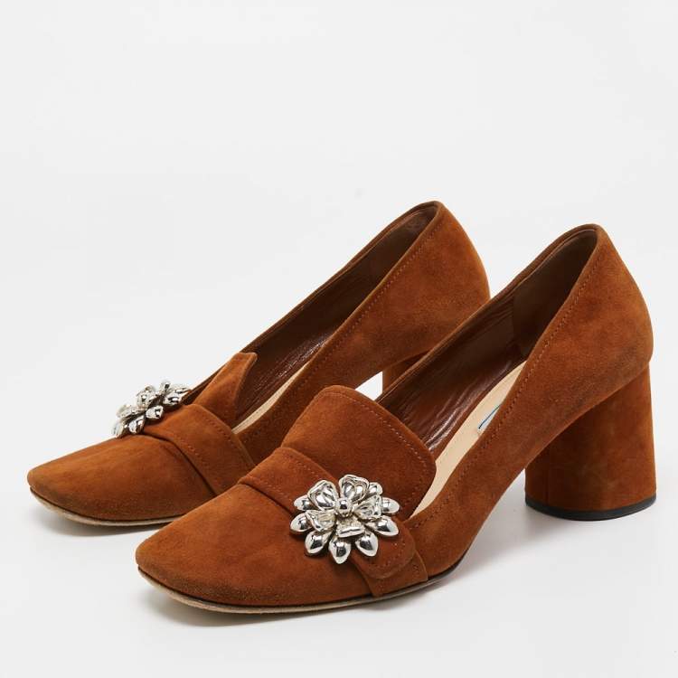 Pre Owned Prada Brown Suede Flower Loafer Pumps Size 38.5