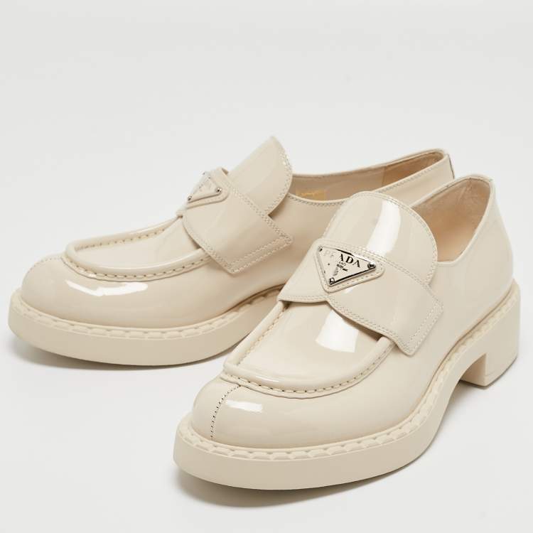 Pre Owned Prada Cream Patent Leather Slip On Loafers Size 39.5 