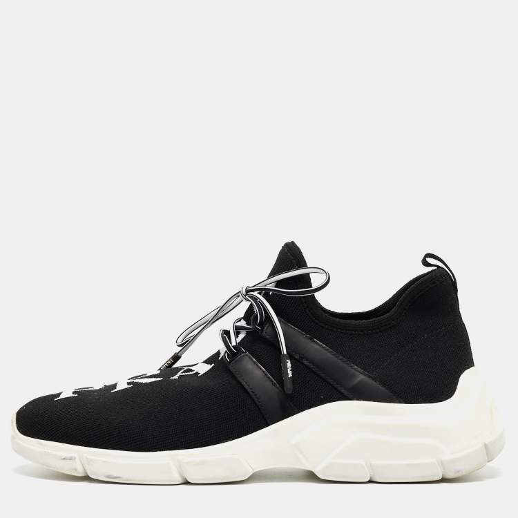 Prada Black/White Logo Knit Fabric Low Top Sneakers Size 38 Prada