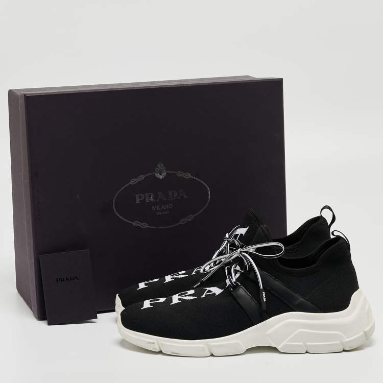 Pre Owned Prada Black/White Logo Knit Fabric Low Top Sneakers Size 38
