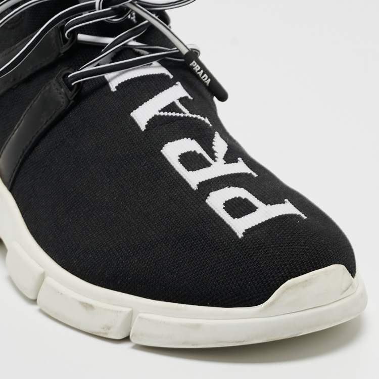 Pre Owned Prada Black/White Logo Knit Fabric Low Top Sneakers Size 38