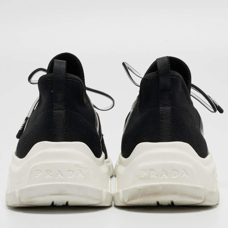 Pre Owned Prada Black/White Logo Knit Fabric Low Top Sneakers Size 38