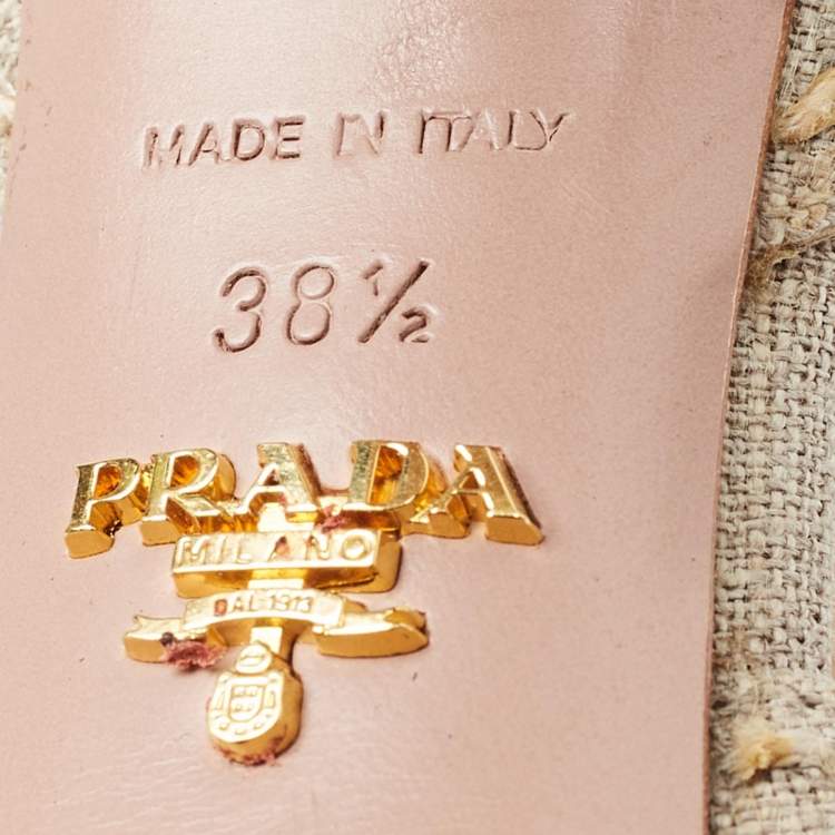 Pre Owned Prada Grey Canvas Leather Platform Block Heel Ankle Strap Sandals Size 38.5