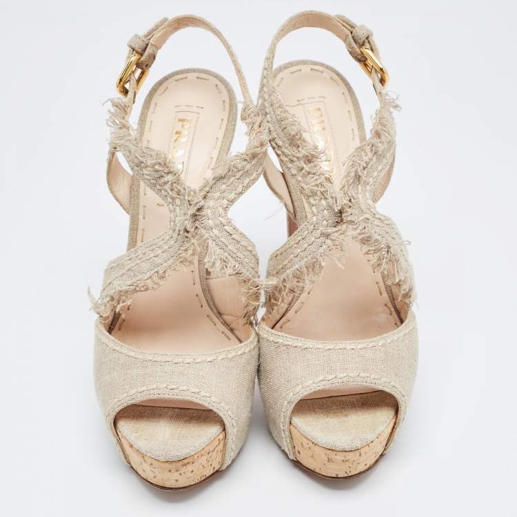 Pre Owned Prada Grey Canvas Leather Platform Block Heel Ankle Strap Sandals Size 38.5