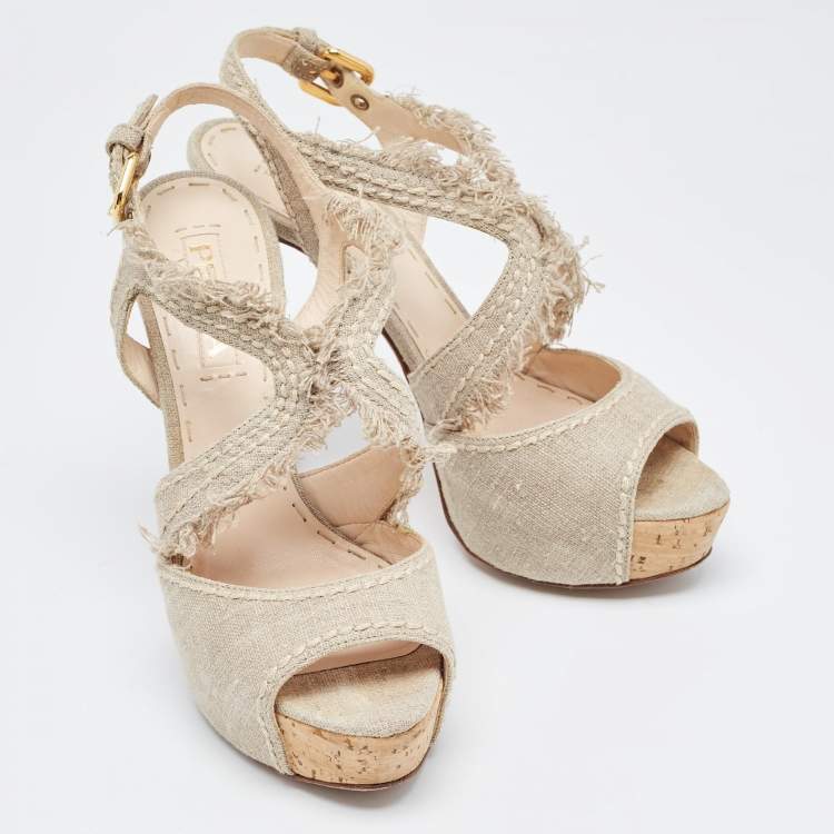 Pre Owned Prada Grey Canvas Leather Platform Block Heel Ankle Strap Sandals Size 38.5