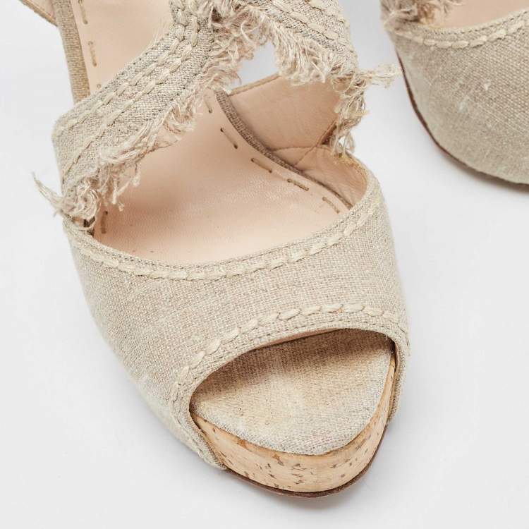 Pre Owned Prada Grey Canvas Leather Platform Block Heel Ankle Strap Sandals Size 38.5