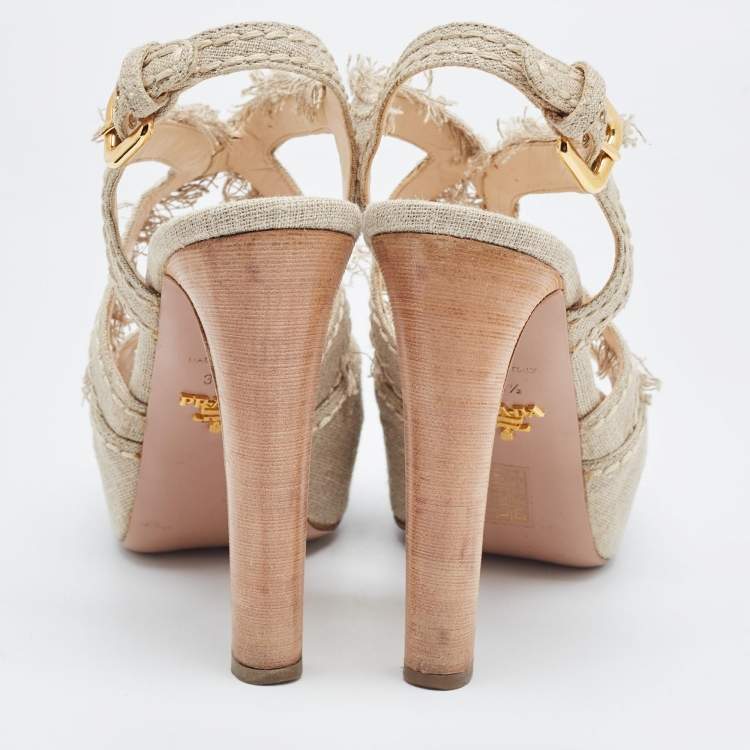 Pre Owned Prada Grey Canvas Leather Platform Block Heel Ankle Strap Sandals Size 38.5