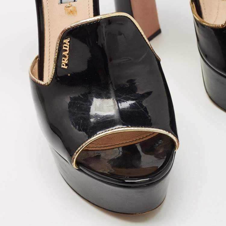 Pre Owned Prada Black Patent Leather Ankle Strap Platform Sandals Size 38