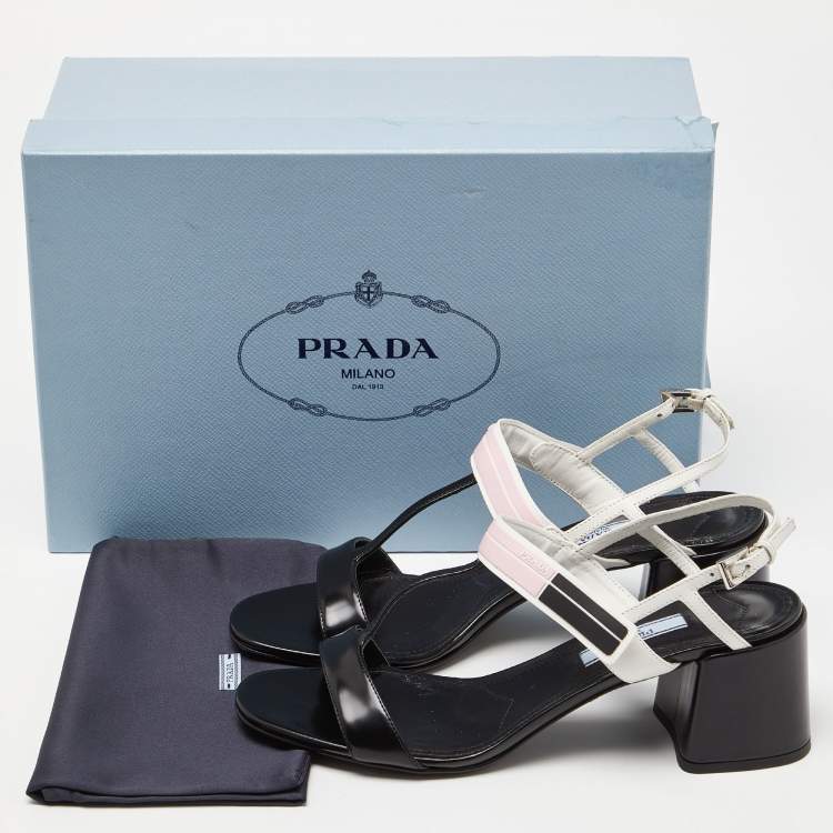 Pre Owned Prada White/Black Leather T-Strap Slingback Sandals Size 37.5