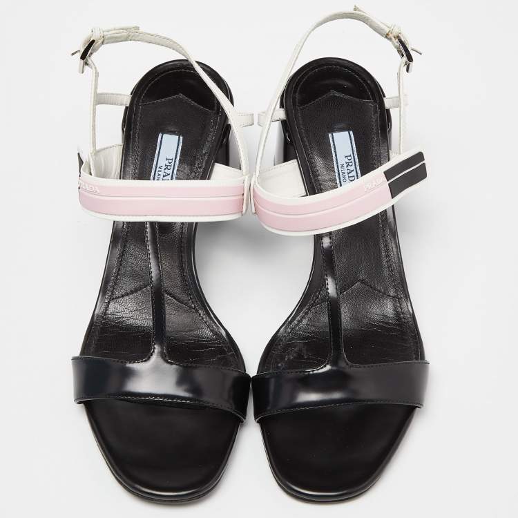 Pre Owned Prada White/Black Leather T-Strap Slingback Sandals Size 37.5