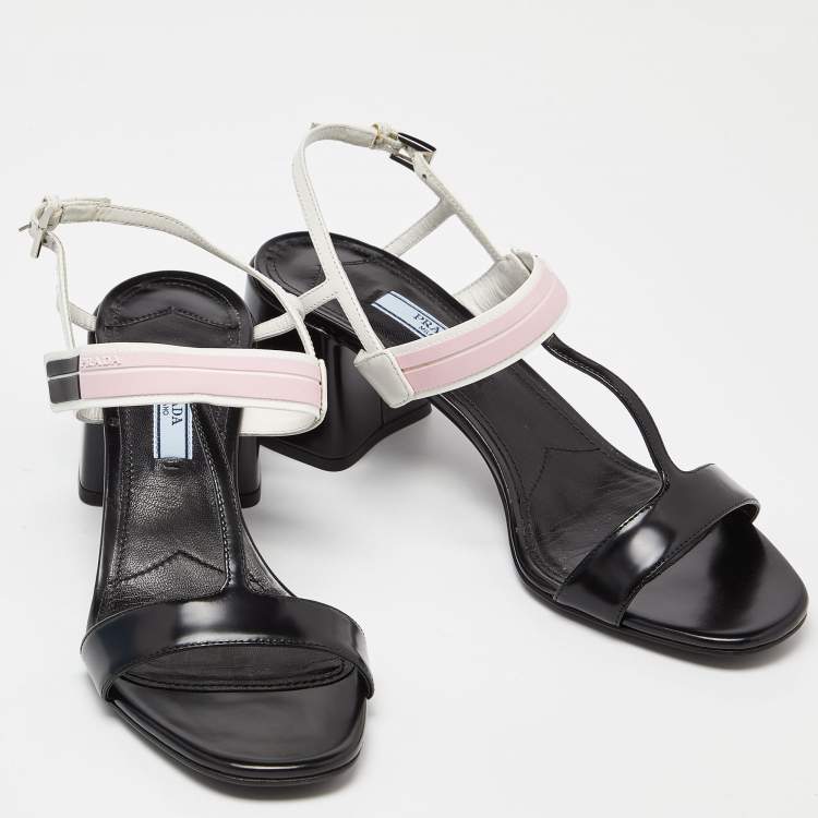 Pre Owned Prada White/Black Leather T-Strap Slingback Sandals Size 37.5
