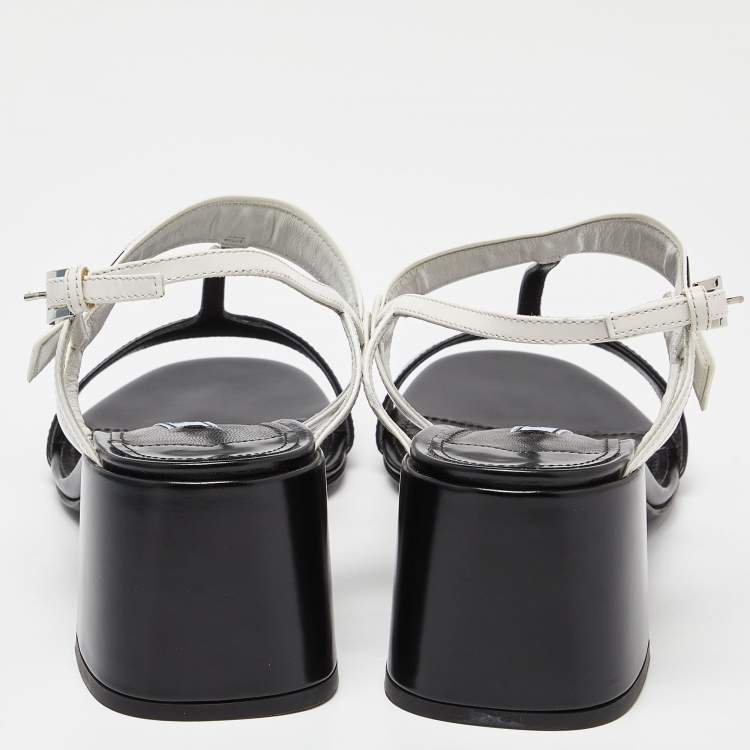 Pre Owned Prada White/Black Leather T-Strap Slingback Sandals Size 37.5