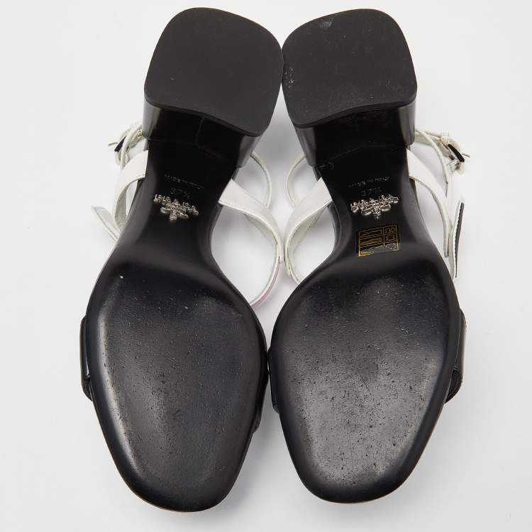 Pre Owned Prada White/Black Leather T-Strap Slingback Sandals Size 37.5
