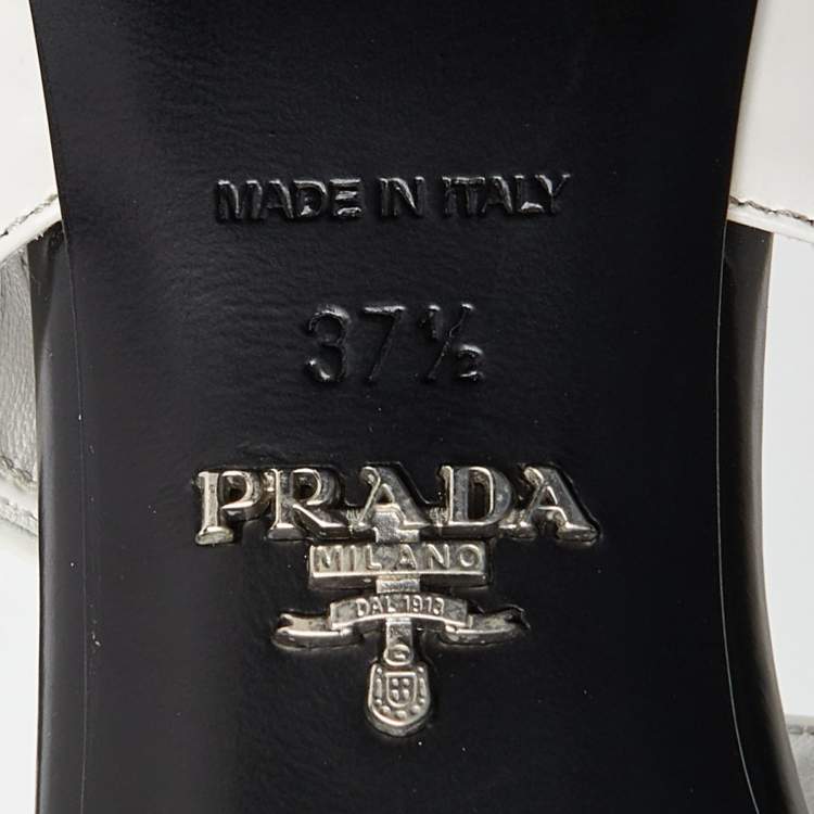 Pre Owned Prada White/Black Leather T-Strap Slingback Sandals Size 37.5