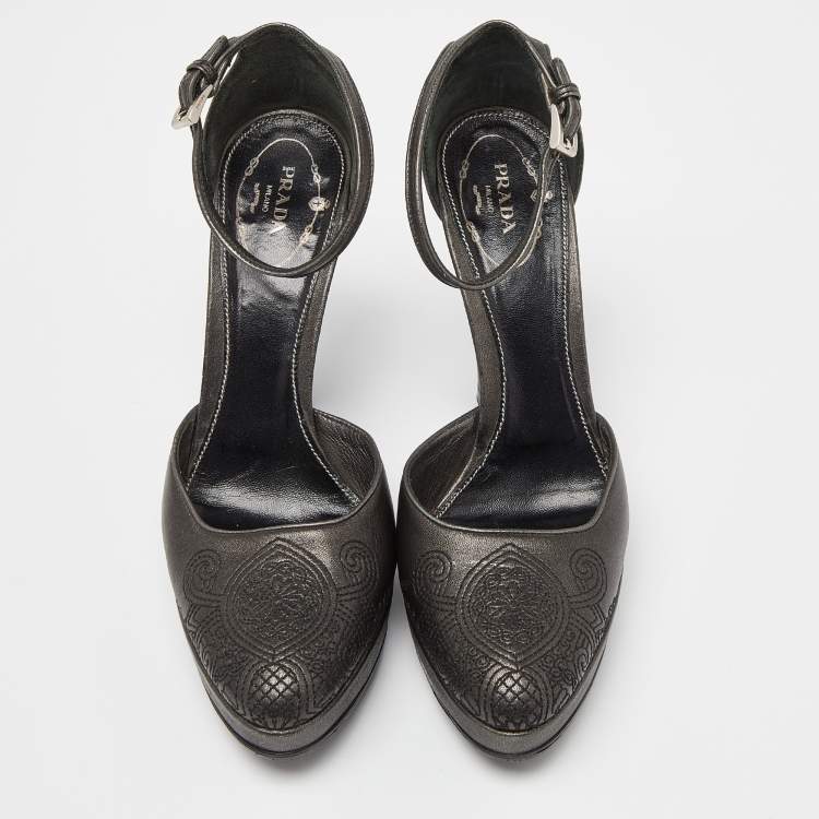 Pre Owned Prada Metallic Dark Grey Leather Ankle Strap Platform Sandals Size 37.5