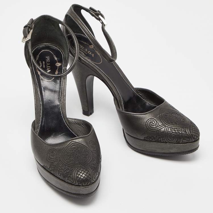 Pre Owned Prada Metallic Dark Grey Leather Ankle Strap Platform Sandals Size 37.5