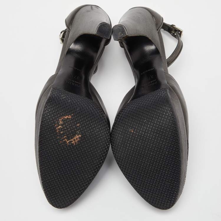 Pre Owned Prada Metallic Dark Grey Leather Ankle Strap Platform Sandals Size 37.5