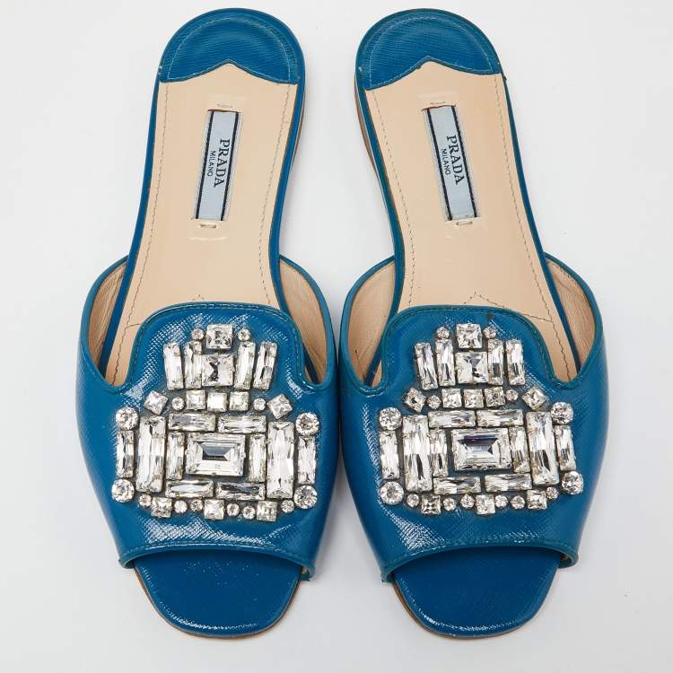 Pre Owned Prada Blue Patent Saffiano Leather Crystal Embellished Flat Slides Size 37