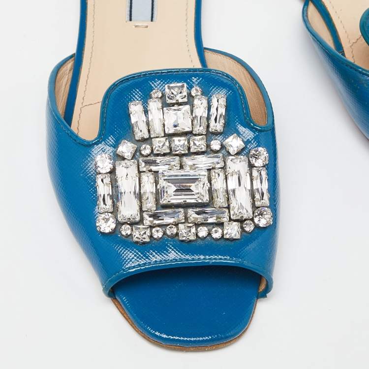 Pre Owned Prada Blue Patent Saffiano Leather Crystal Embellished Flat Slides Size 37