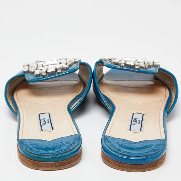 Pre Owned Prada Blue Patent Saffiano Leather Crystal Embellished Flat Slides Size 37