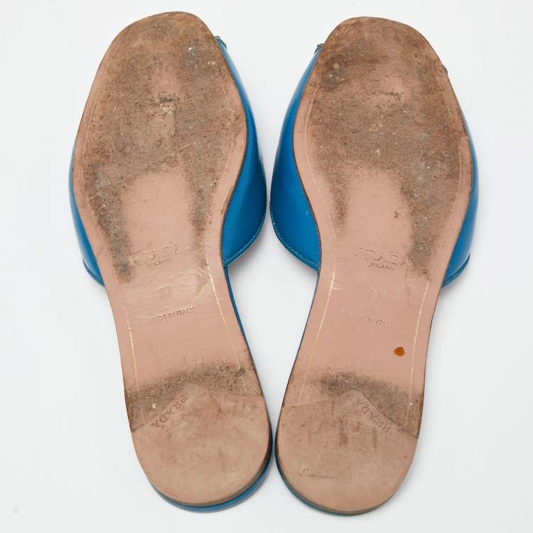 Pre Owned Prada Blue Patent Saffiano Leather Crystal Embellished Flat Slides Size 37