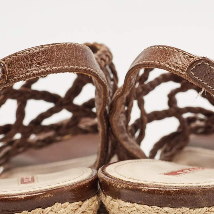 Pre Owned Prada Sport Brown Leather Braided Accents Wedge Espadrilles Sandals Size 40.5