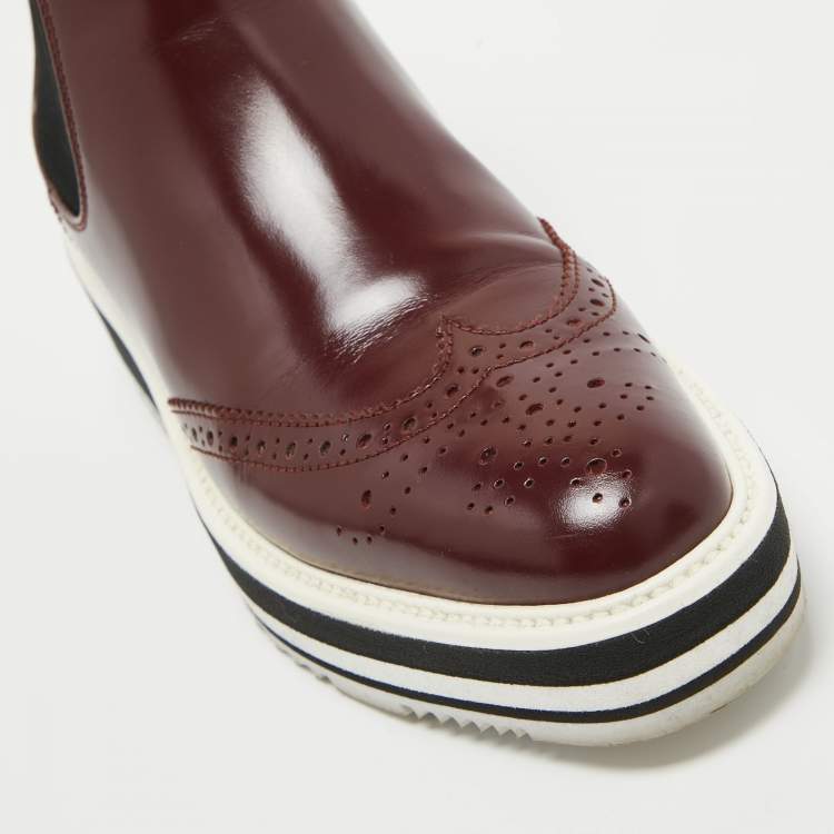 Pre Owned Prada Maroon Leather Brogue Ankle Boots Size 35