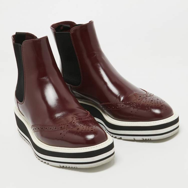 Pre Owned Prada Maroon Leather Brogue Ankle Boots Size 35