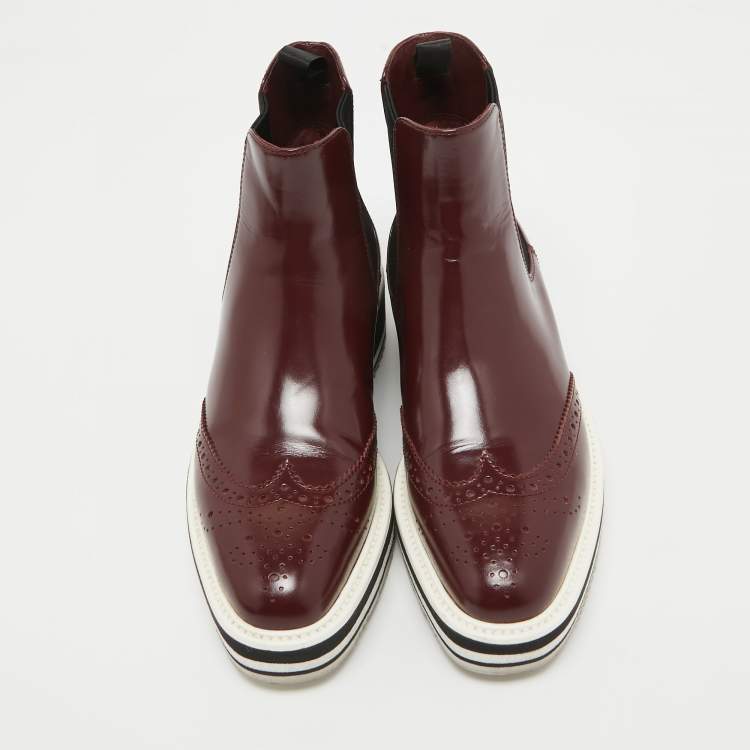 Pre Owned Prada Maroon Leather Brogue Ankle Boots Size 35