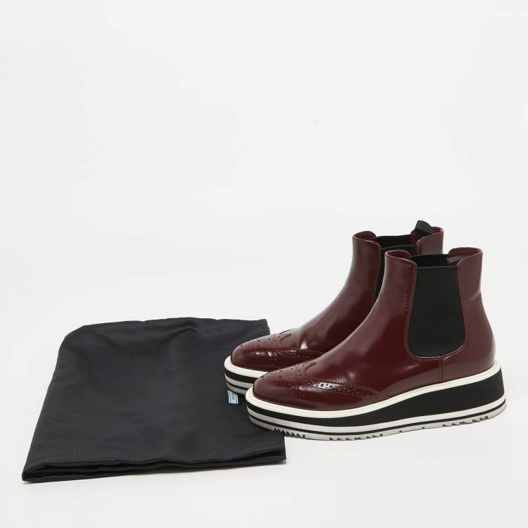 Pre Owned Prada Maroon Leather Brogue Ankle Boots Size 35