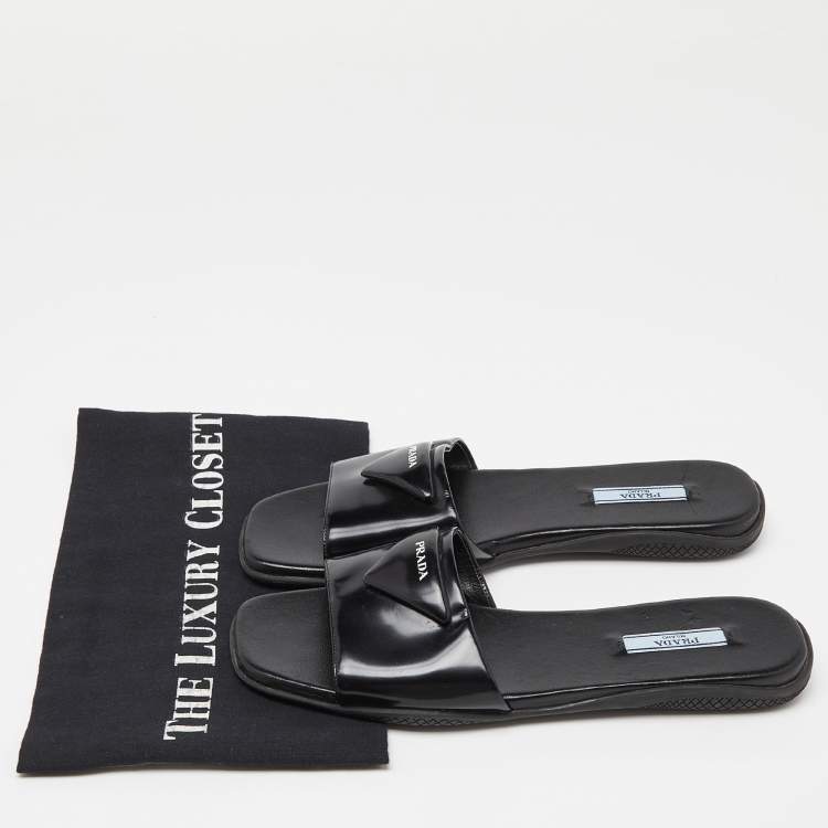 Pre Owned Prada Black Patent Leather Flat Slides Size 39