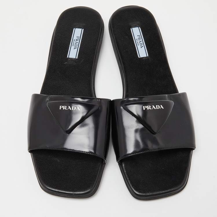 Pre Owned Prada Black Patent Leather Flat Slides Size 39
