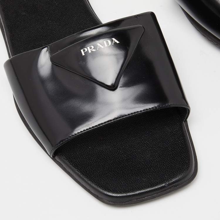 Pre Owned Prada Black Patent Leather Flat Slides Size 39