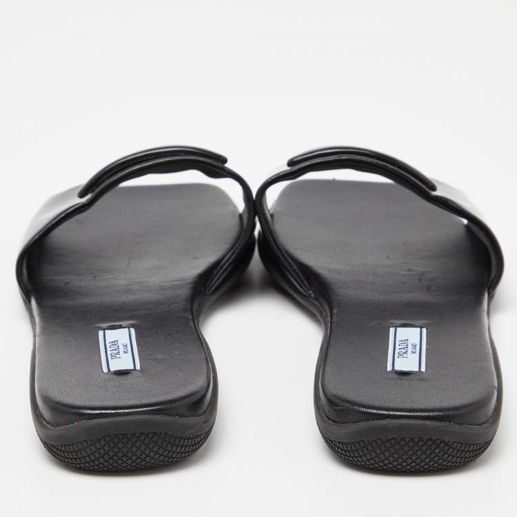Pre Owned Prada Black Patent Leather Flat Slides Size 39