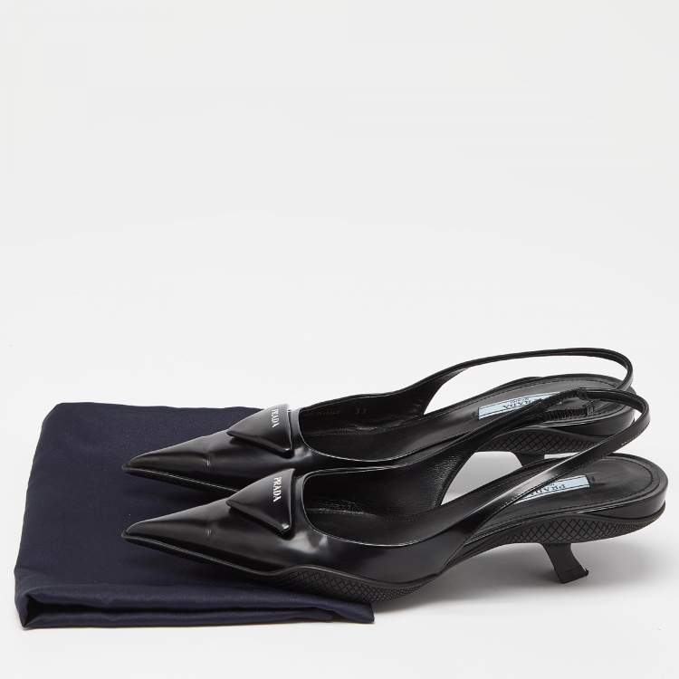 Pre Owned Prada Black Leather Triangle Logo Kitten Heel Slingback Sandals Size 37