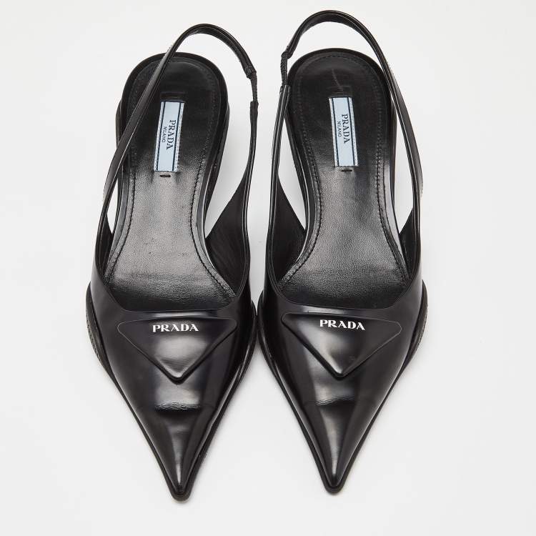 Pre Owned Prada Black Leather Triangle Logo Kitten Heel Slingback Sandals Size 37