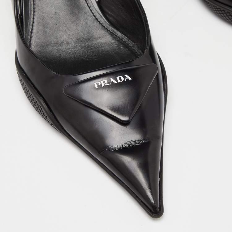 Pre Owned Prada Black Leather Triangle Logo Kitten Heel Slingback Sandals Size 37