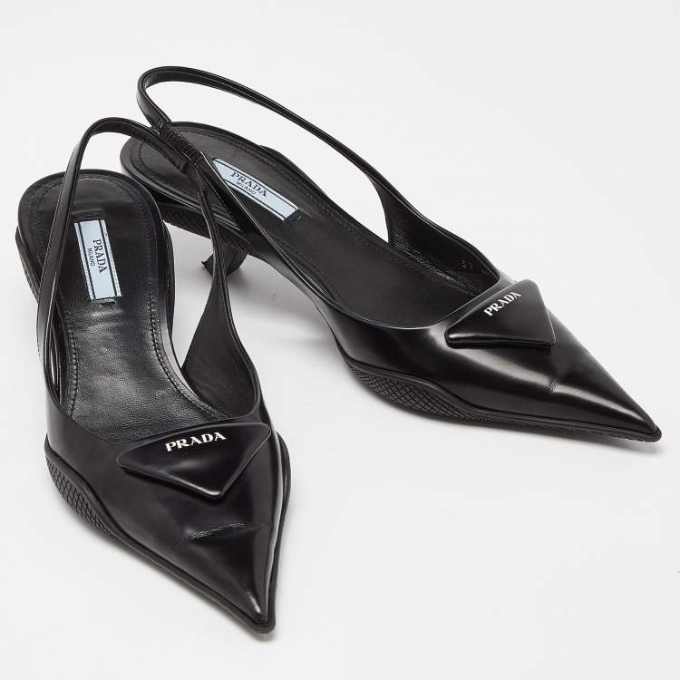 Pre Owned Prada Black Leather Triangle Logo Kitten Heel Slingback Sandals Size 37