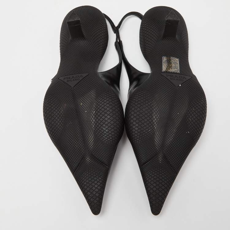 Pre Owned Prada Black Leather Triangle Logo Kitten Heel Slingback Sandals Size 37
