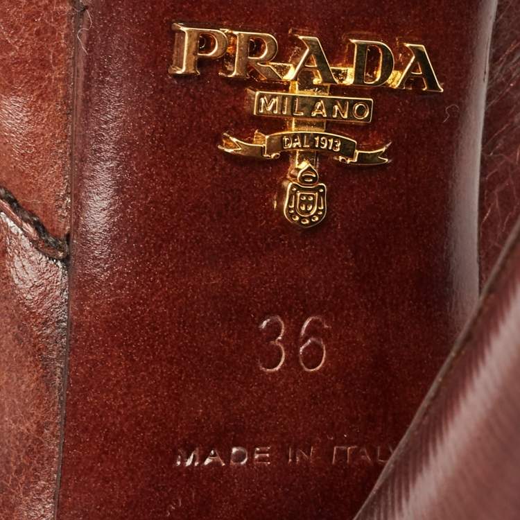 Pre Owned Prada Brown Brogue Leather Lace Up Platform Booties Size 36