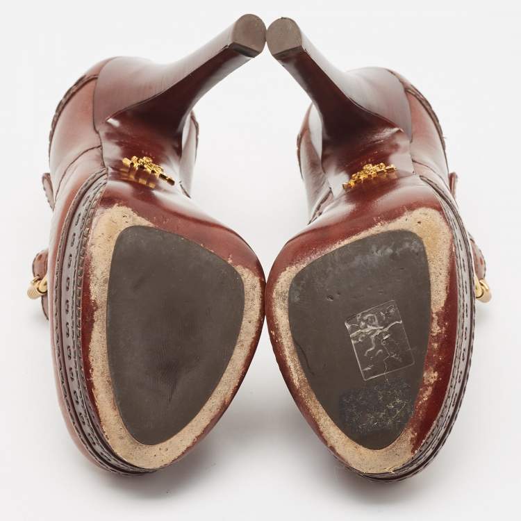 Pre Owned Prada Brown Brogue Leather Lace Up Platform Booties Size 36