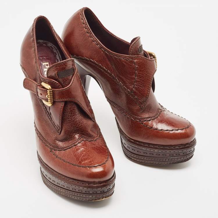 Pre Owned Prada Brown Brogue Leather Lace Up Platform Booties Size 36
